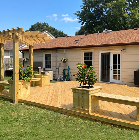 Backyard deck with pergola and planters