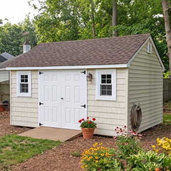 backyard shed beside wood deck