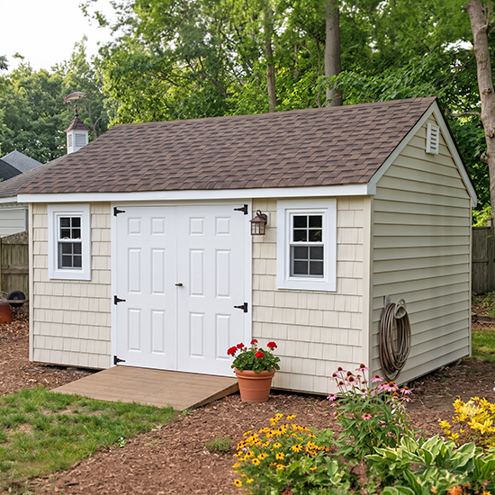 backyard shed beside wood deck